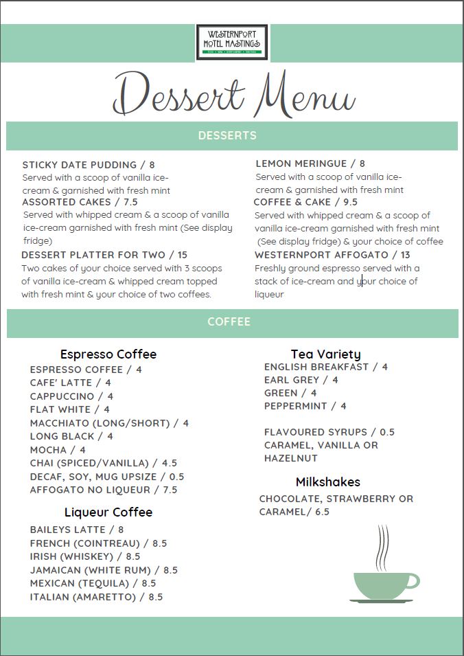 Dessert Menu Westernport Hotel
